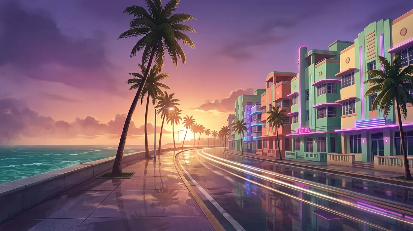 An empty beachfront boulevard at sunset, wet asphalt reflecting neon and Art Deco hotel facades.